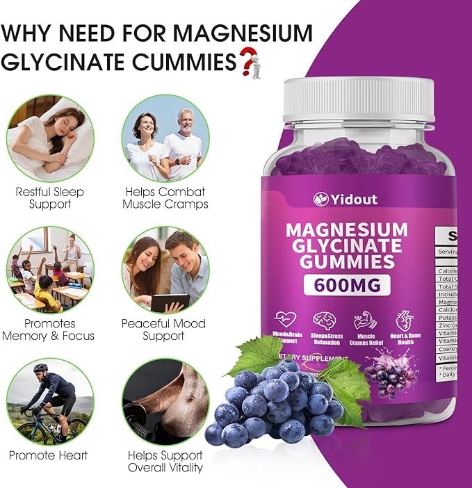 Magnesium Glycinate Gummies 600mg，High Absorption Magnesium Gummies, Sugar Free Chews for Adults & Kids Relaxation, Stress Relief (60 Count (Pack of 1))