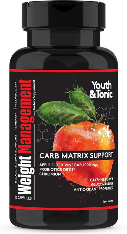 Youth & Tonic Weight Management Carb Matrix Support for Appetite Suppressant, Hunger Control, Metabolism Booster, Natural Detox & Gut Cleanse for Women & Men, 60 Pills w/ACV, Glucomannan, Chromium