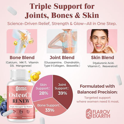 Joint Supplements for Women OsteoCII Renew Triple Strength – Advanced Joint, Bone & Skin Formula – Collagen, Glucosamine, Chondroitin, Calcium, MK-7, Vitamin D3, Hyaluronic Acid, 360 Tablets