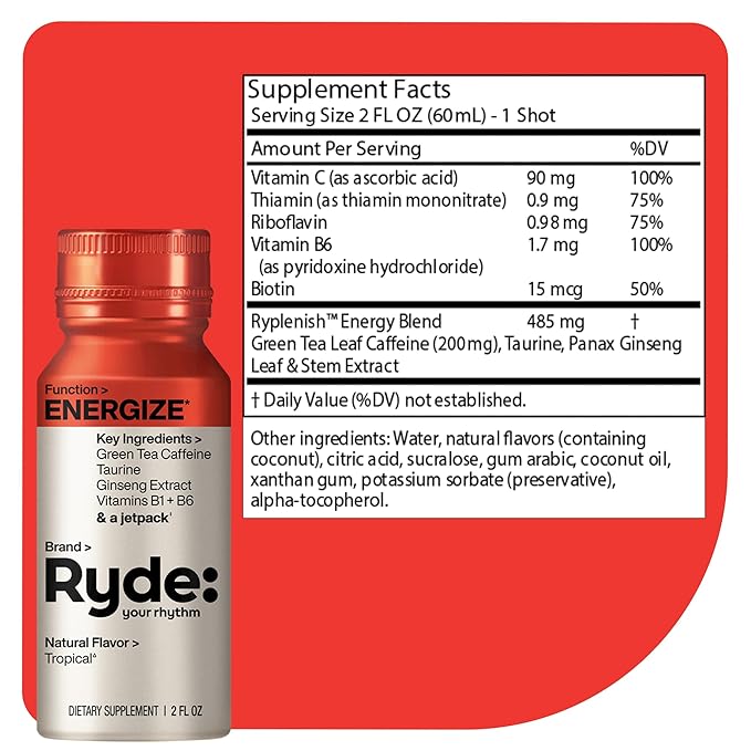 Ryde: Energize Shot | Tropical Flavor | Green Tea Caffeine, Taurine, Ginseng Extract & B Vitamins | 0 Calories, 0 Sugar | 2 FL OZ Shots | Boosts energy* (24 Pack)
