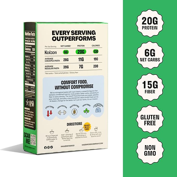 Kaizen Lumache Protein Pasta, 20g Protein, Low Carb (6g Net Carbs), Keto-Friendly, Gluten-Free, Plant-Based Lupini Noodles, High Fiber, 8 Ounce, Pack of 3