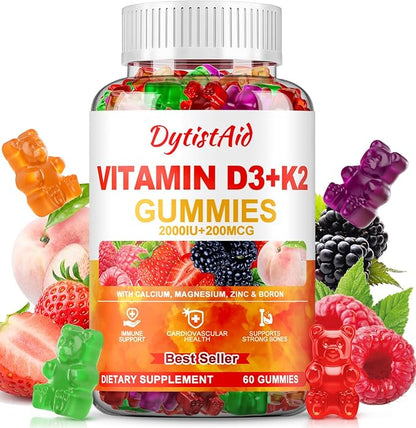 Vitamin D3 + K2 Gummies 2000 IU with Calcium + K2 (MK-7), Magnesium Citrate, Vitamin C, Zinc & Boron – Bone, Heart & Immune Support – Vegan, Non-GMO, Gelatin-Free, Sugar-Free Supplement, 60 Gummies