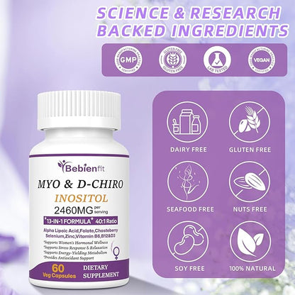 13-in-1 Myo Inositol & D-Chiro Inositol for Women,2460mg-40:1 Ratio Supplement Plus Alpha Lipoic Acid/Folate/Vitex/Magnesium,60 Vegan Capsules