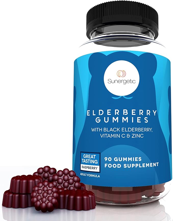 Sunergetic Premium Black Elderberry Gummies – Black Elderberry with Vitamin C & Zinc – Helps Support Immune System – Great Tasting Sambucus Elderberry Gummies – Raspberry Flavored – 90 Gummies