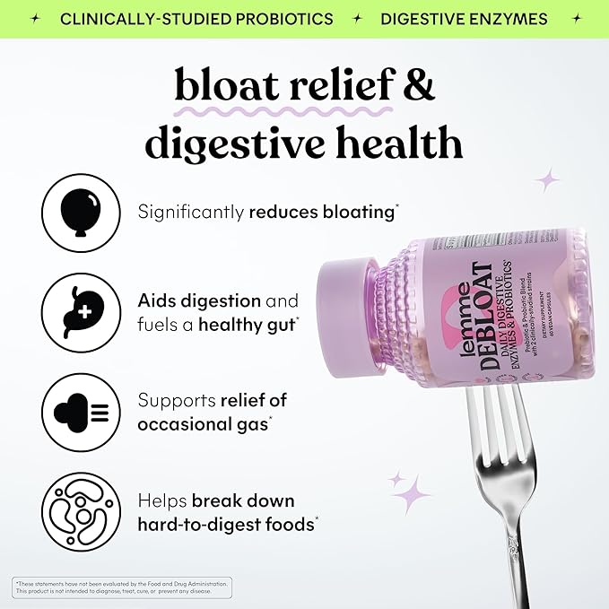 Lemme Debloat 3-in-1 Prebiotic, Probiotic & Digestive Enzyme Capsules for Bloating & Gas Relief - 2 Clinically Studied Probiotics w/5 Digestive Enzymes to Improve Digestion, Women & Men, (60 Count)
