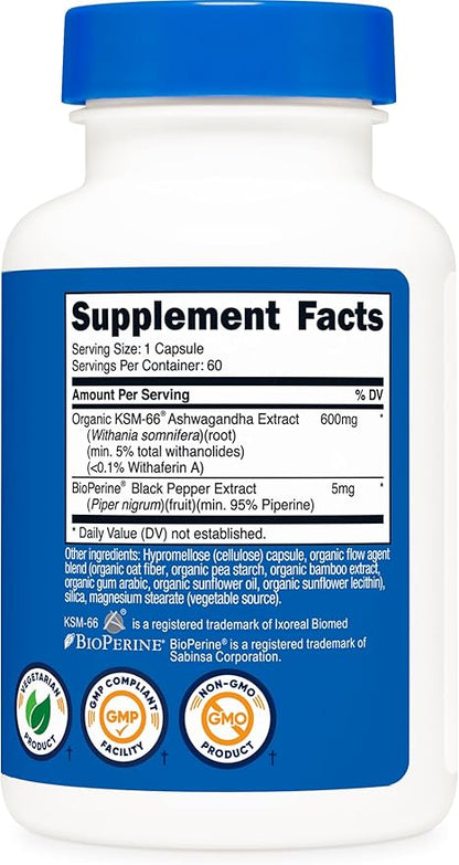 Nutricost KSM-66 Ashwagandha Root Extract 600mg, 60 Veggie Caps - 5% Withanolides - with BioPerine - Full-Spectrum Root Extract (Pack of 2)