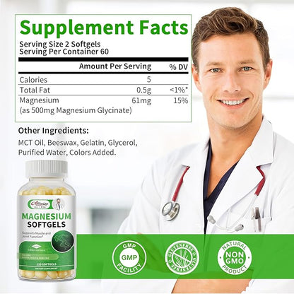 Magnesium Glycinate 500mg Softgels Supplement, Small Easy to Swallow Magnesium Gelcaps High Absorption for Night Leg&Sleep Support, Muscle&Bone, Calm, Non GMO, 120 Gelcaps, 60 Day Supply