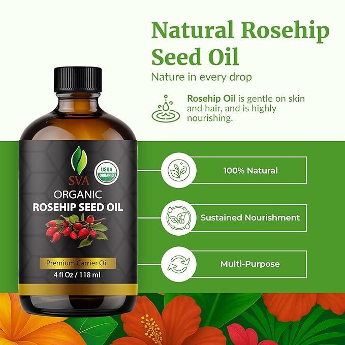 SVA Rosehip Seed Oil Organic - 4 Fl Oz – 100% Natural Cold Pressed Organic Rosehip Oil - for Face, Skin Care, Hair Care, Scalp Massage & Body Massage – Carrier Oil with Dropper
