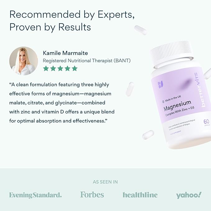 Bettervits Magnesium Glycinate Complex with Citrate Malate Zinc & Vitamin D3 | High Absorption Pure Magnesium 225mg Supplement Chelated Formula for Muscle Relaxation, Sleep Support – 60 Capsules