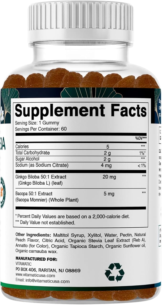 Vitamatic Ginkgo Biloba & Bacopa Gummies – Plant-Based Botanical Extract – Natural Peach Flavor – Vegan, Non-GMO, Gluten-Free – Herbal Supplement – 60 Count