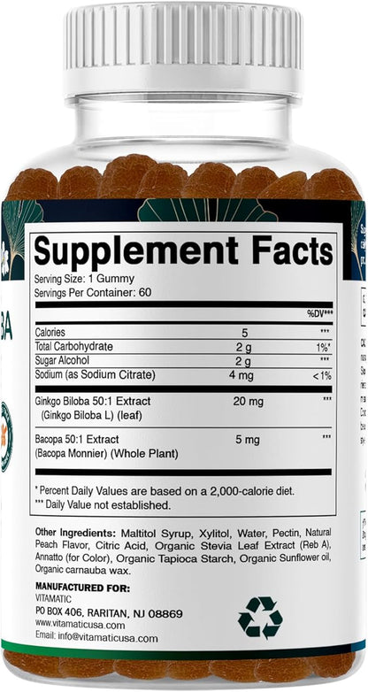 Vitamatic Ginkgo Biloba & Bacopa Gummies – Plant-Based Botanical Extract – Natural Peach Flavor – Vegan, Non-GMO, Gluten-Free – Herbal Supplement – 60 Count