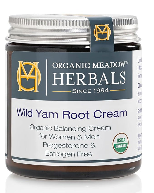 Organic Meadow Herbals Wild Yam Root Cream - USDA Certified Organic Balancing Cream for PMS & Menopause Relief - Estrogen & Progesterone-Free, Handmade, Woman-Owned & Operated Since 1994 (4 oz)
