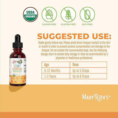 MARYRUTH'S USDA Organic Vitamin D Drops | Vitamin D3 Liquid | Sugar Free | Liquid Vitamin D Drops Immune Support for Infants & Toddlers | VIT D3 | Gluten Free | Non-GMO | 90-150 Servings