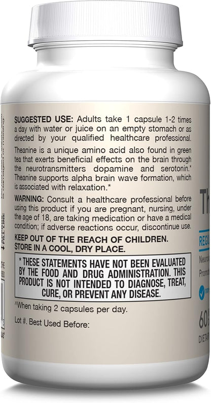 Jarrow Formulas® Regular Strength Theanine 100 mg,Dietary Supplement,60 Capsules,60 Day Supply,(Pack of 2)