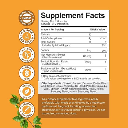 Sea Moss Gummies for Adults and Kids - Vegan Adult and Kids Immune Support Gummies with Burdock Bladderwrack Sea Moss Gel - Delicious Berry Flavor Supplement Men Women Children - 30 Count