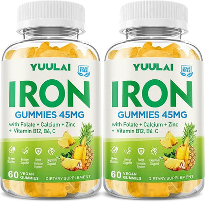 Pack of 2 Iron Gummies for Women & Men, Iron Supplement Plus Calcium, Zinc, Folate & Vitamin B12, C, B6 - Energy Support, Immune Health, Pineapple Flavor, 120 Count