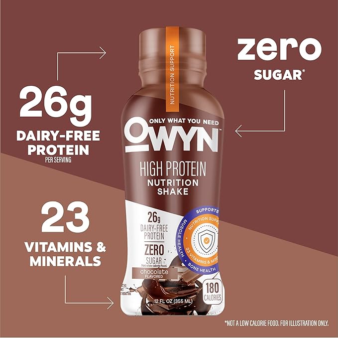 OWYN Only What You Need High Protein Shake, Chocolate Flavored, 26g Protein, 0g Sugar, 3g Fiber, Dairy Free, Plant Based Protein Drink, 12 Count