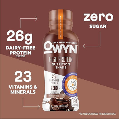 OWYN Only What You Need High Protein Shake, Chocolate Flavored, 26g Protein, 0g Sugar, 3g Fiber, Dairy Free, Plant Based Protein Drink, 12 Count
