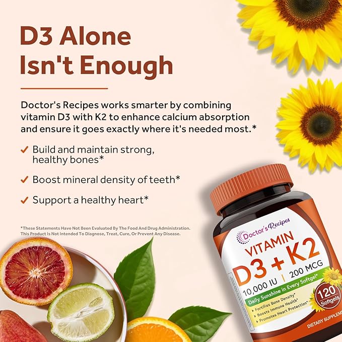 Doctor's Recipes Vitamin D3 K2, 10,000 IU, 200 mcg, MK-7, Strong Bone Density, Teeth, Immune, Heart Support, Energy, Calcium Absorption, No Soy & Gluten, Non-GMO, 120 Softgels