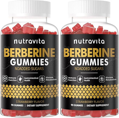 Nutravita Berberine Gummies with Ceylon Cinnamon 1500mg High Potency Berberine HCL Supplement for Immune and Metabolism Support, Sugar Free Organic Berberine Gummies Strawberry Flavor-2PACK