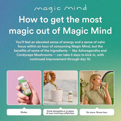Magic Mind Focus Energy Drink Shots - No Jitters, Stress Relieving, Ashwagandha, Functional Mushrooms, Matcha Green Tea, Vitamin B12, Vitamin C - 2 FL Oz (30 Pack)