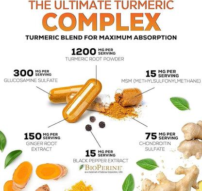 Turmeric Curcumin Supplement - 95% Curcuminoids with Glucosamine, Ginger & MSM, BioPerine Black Pepper Extract for Best Absorption, Natural Vegan Joint Support, Non-GMO, Bottled in USA - 180 Capsules