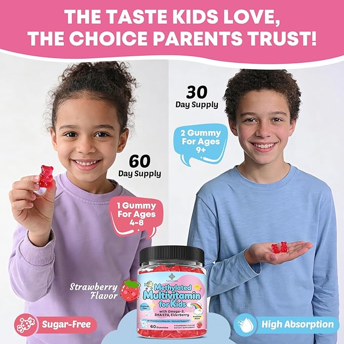 Kids Multivitamin Gummies with Omega-3 (Dha+Epa), Methylated B12 & Folate, B6, B2 & Elderberry, Vitamin D3, C, A, E, Zinc, Postbiotics, Choline | for Brain, Eye & Immune, Clean, Sugar Free, 60 Cts