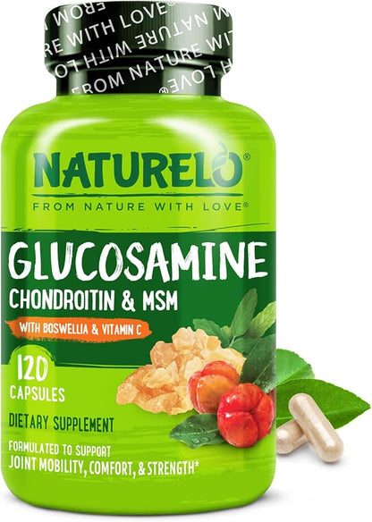 NATURELO Glucosamine Chondroitin MSM with Boswellia and Vitamin C - Supplement for Joint Comfort, Mobility, and Strength - 120 Capsules