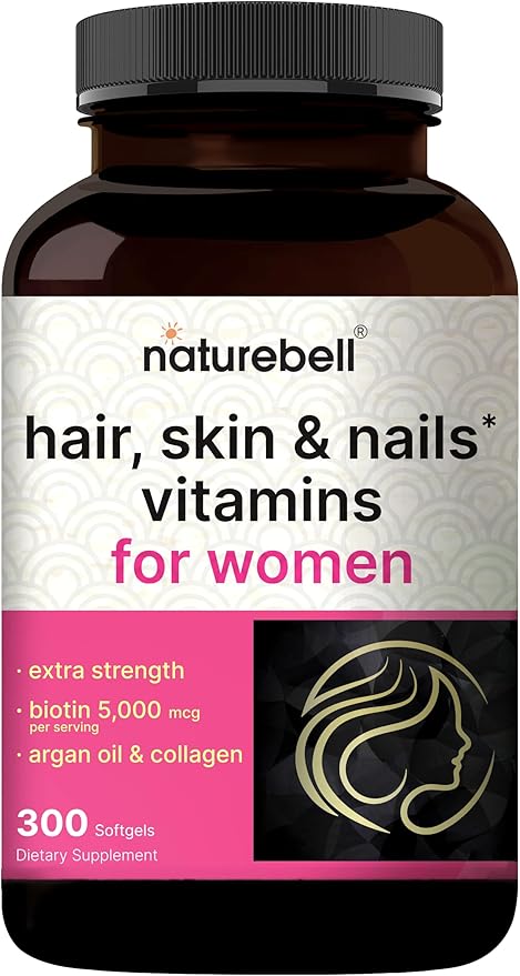 NatureBell Hair, Skin & Nails* Vitamins for Women – 5000mcg Biotin, Collagen, Keratin, Hyaluronic Acid, Argan Oil & B‑Complex – 21‑in‑1 Formula with MCT Oil, 300 Softgels (100 Days Supply)