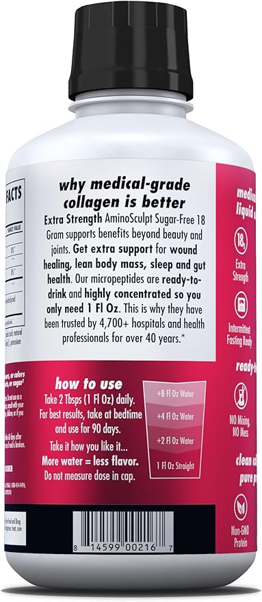 HEALTH DIRECT AminoSculpt Sugar-Free Collagen Supplement - High Potency Medical-Grade Protein for Hair, Skin, Nails & Joints, Grass-Fed, Non-GMO, Liquid Collagen - Tart Cherry - 30 Fl Oz