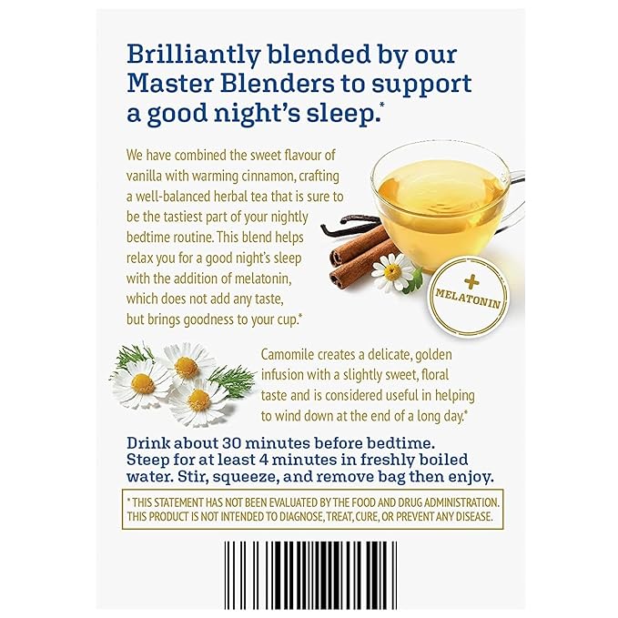 Twinings Superblends Sleep+ Herbal Tea with 1mg Melatonin Camomile, Cinnamon & Vanilla, Naturally Caffeine-Free, 16 Tea Bags (Pack of 1), Enjoy Hot or Iced