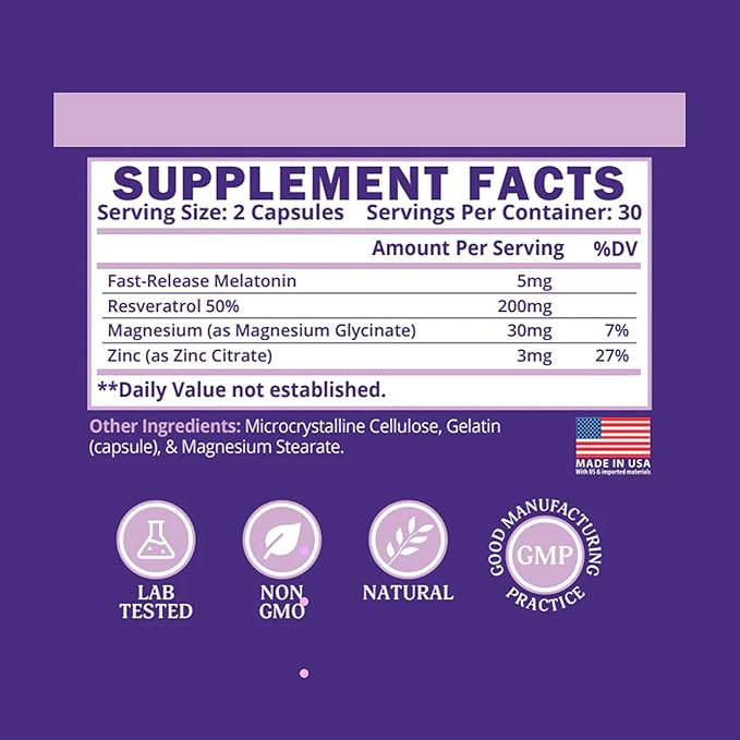 Sleeping Pills & Resveratrol Supplement for Anti Aging - Sleep Supplement with Melatonin, Resveratrol, Zinc & Magnesium - Wake Up Looking Younger with Non Habit Forming Sleep Meds - 60 Caps