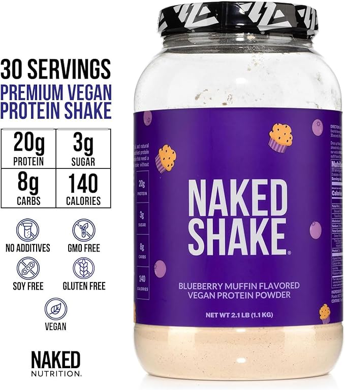 Naked Shake - Blueberry Muffin Protein Powder - Flavored Plant Based Protein from US & Canadian Farms with MCT Oil, NSF Certified, Gluten-Free, Soy-Free, No GMOs or Artificial Sweeteners - 30 Servings