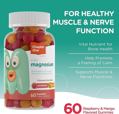 Chapter One Magnesium Gummies, Great Tasting Magnesium for Kids, Calm Kids Magnesium, Magnesium Gummies for Women and Men, Raspberry and Mango Flavored, Certified Kosher, (60 Flavored Gummies)