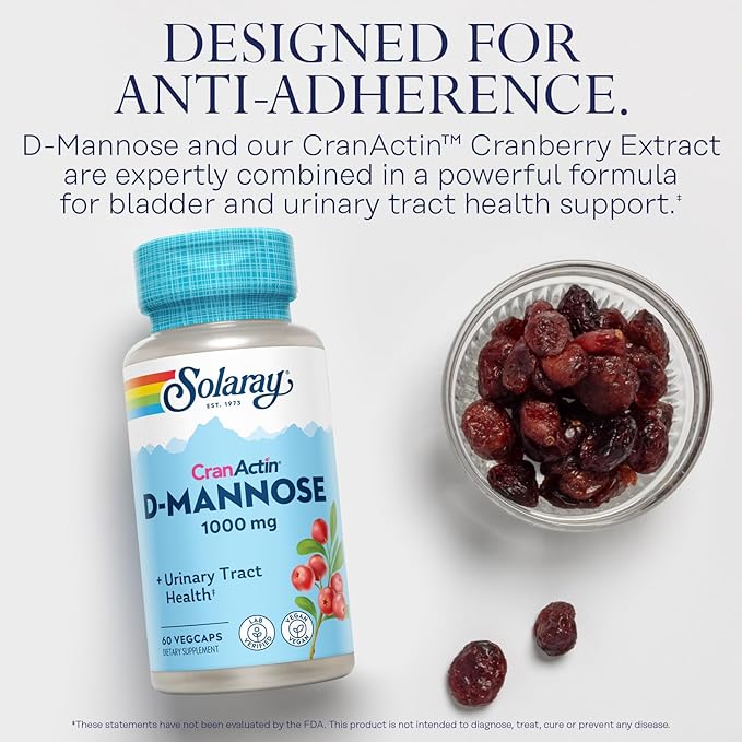 SOLARAY D-Mannose with CranActin Cranberry Supplement 400mg, Urinary Tract Health & Bladder Support Capsules with Vitamin C for Immune Function, Vegan, 60 Day Guarantee, 30 Servings, 60 VegCaps
