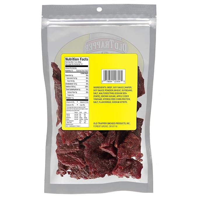 Old Trapper Beef Jerky, Teriyaki 8 Ounce Individual Pack, Tender Meat Snack for Lunches or Between Meals, 11 Grams of Protein, Zero Grams of Fat, and 70 Calories per Serving (Pack of One)