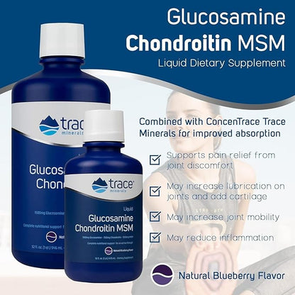 Trace Minerals Liquid Glucosamine Chondroitin MSM | Complete Dietary Supplement for Active Lifestyle | Supports Joints, Cartilage & Mobility | Natural Blueberry Flavor | 32 Servings, 32 fl oz
