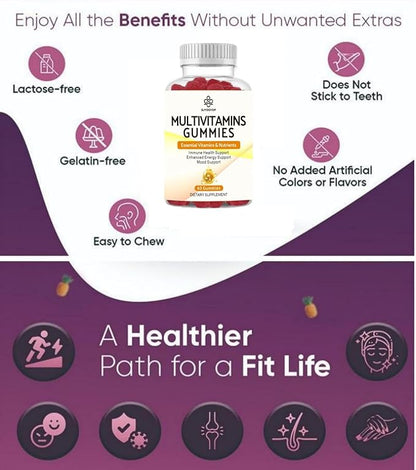 Sugar Free Multi-Vitamin Gummies for Women & Men, Daily Multivitamin/Multimineral Supplement with Vitamin A C D E B6 B12,Folic Acid,Pantothenic Acid,Biotin,Inositol,Iodine,Zinc