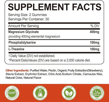 Magnesium Glycinate Gummies 400mg with L-Theanine,Phosphatidylserine–Sleep, Stress & Muscle Relief, for Adults & Kids, Non-GMO, Vegan, Sugar Free,60 Gummie Strawberry Flavor