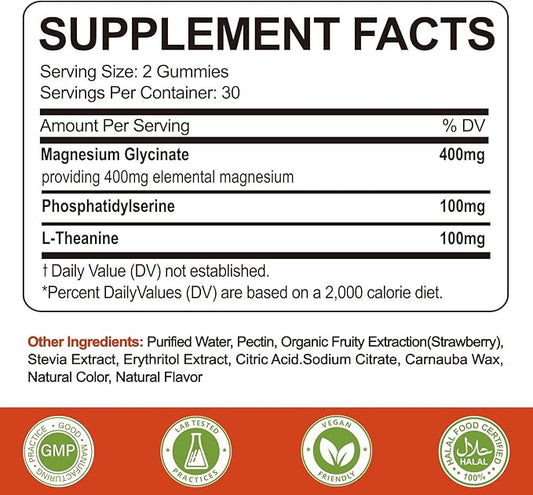 Magnesium Glycinate Gummies 400mg with L-Theanine,Phosphatidylserine–Sleep, Stress & Muscle Relief, for Adults & Kids, Non-GMO, Vegan, Sugar Free,60 Gummie Strawberry Flavor