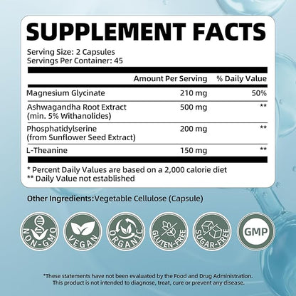 Cortisol Supplement for Women and Men, 4-in-1 Cortisol Reducer with Magnesium Glycinate, Ashwagandha, Phosphatidylserine, L-Theanine, for Relaxation & Calm Support, 90 Veg Caps