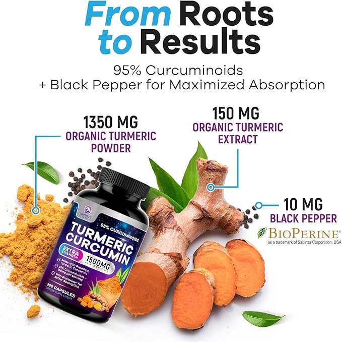 Turmeric Curcumin Supplement - 1350mg Organic Turmeric Per Serving - 95% Curcuminoids & BioPerine Black Pepper Extract for Best Absorption - Natural Vegan Joint Support, Bottled in USA - 360 Capsules