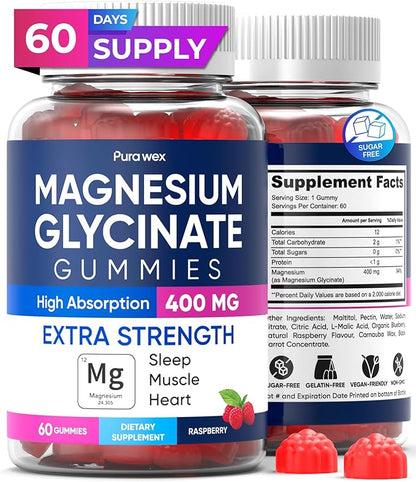 Magnesium Glycinate Gummies 400mg, High Absorption Magnesium Supplement for Women, Men and Kids, Muscle Support and Relaxation, Sugar Free, Vegan, 60 Days Supply