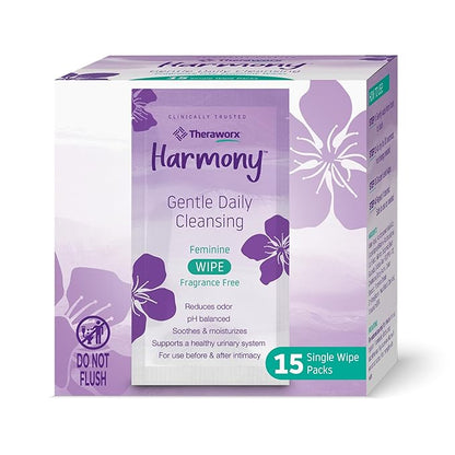 Theraworx Harmony Gentle Daily Cleansing Feminine Wipes Fragrance Free, Reduces Odor, Individually Wrapped, Travel Size – 15 Count