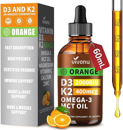 Vitamin D3 K2 Drops, D3 20000 IU & K2 as MK-7 400mcg with Magnesium, Calcium, Zinc & Omega 3 for Immune*, Mood*, Bone* Health, Orange Flavor Vitamin D Liquid Drops Supplement(1 Bottle)