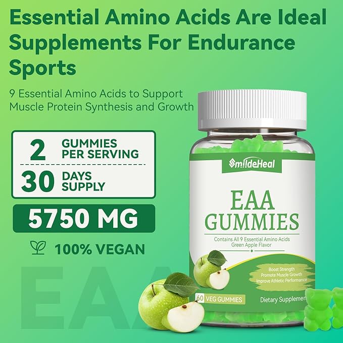 SmideHeal EAA Gummies, 5750 mg Essential Amino Acids - All 9 Essential Aminos (EAA) and All Branched-Chain Aminos (BCAAs), Non-GMO, Gluten Free, Vegetarian Friendly, Apple Flavor, 60 Gummies