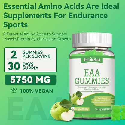 SmideHeal EAA Gummies, 5750 mg Essential Amino Acids - All 9 Essential Aminos (EAA) and All Branched-Chain Aminos (BCAAs), Non-GMO, Gluten Free, Vegetarian Friendly, Apple Flavor, 120 Gummies