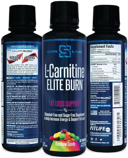 L-Carnitine Elite Burn Liquid Keto Fat Burner and Metabolism Activator - Fat Loss Support Keto Friendly Weight Loss Increase Energy-Stimulant Free - Rainbow Candy 3000mg (32 Servings)