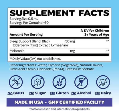 Smurfs Liquid Melatonin Drops for Kids | 1mg Melatonin Liquid for Kids with Calming Sleep Blend | Vegan Non-GMO & No Artificial Flavors or Colors | No Added Sugar | Berry Flavor | 60 Servings