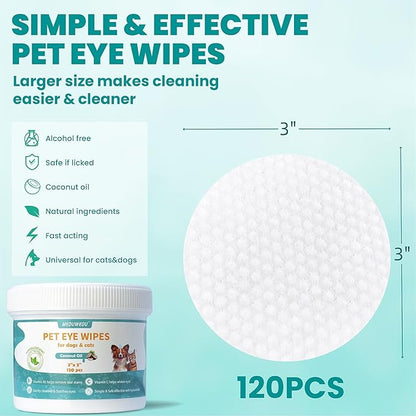 Eyes Wipes for Dogs & Cats 120 Counts, Grooming Kit Care for Dogs and Cats, Prevent Tear Stains, Eye Debris, Discharge, Mucus Secretions,Unscented